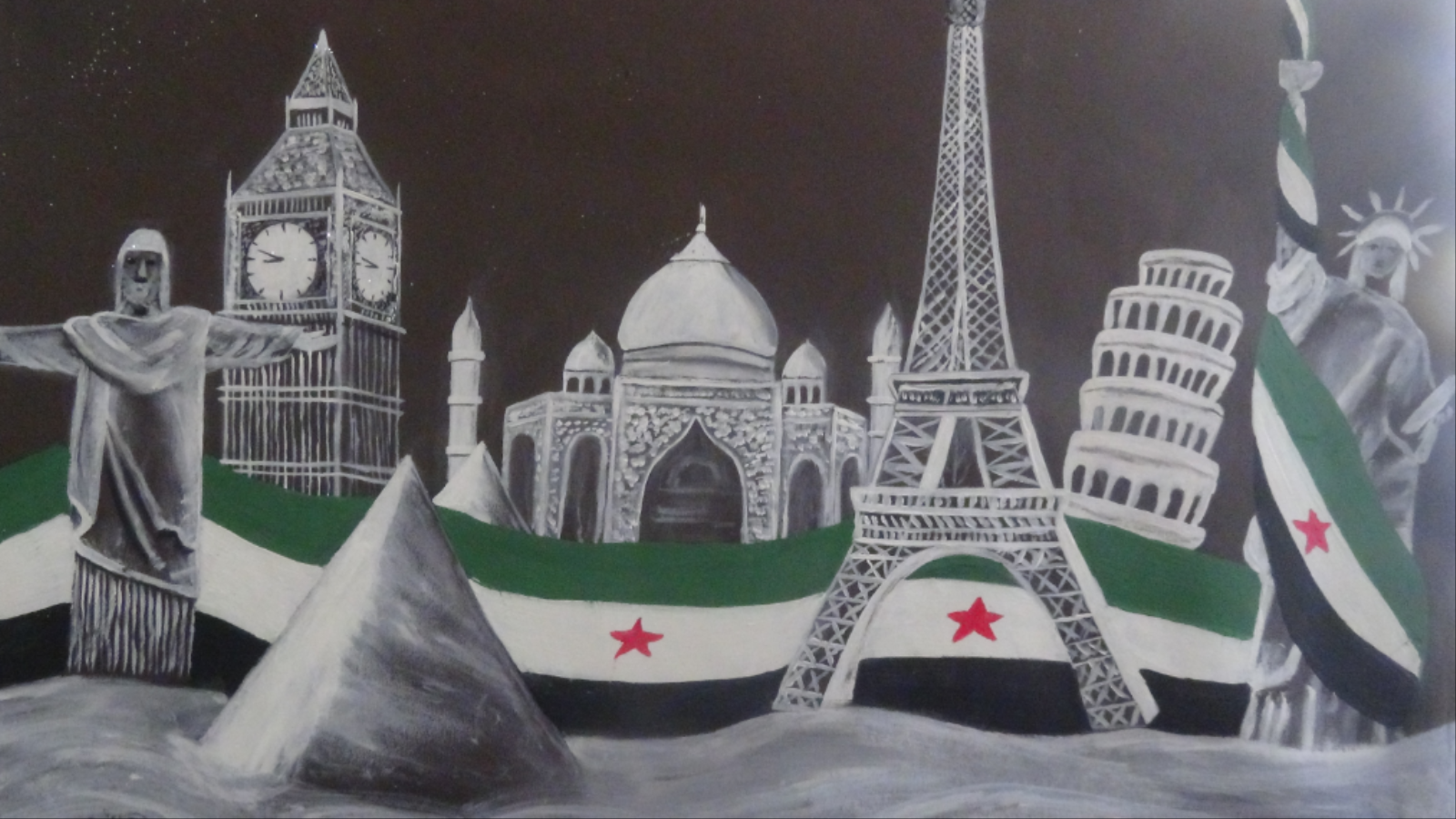 ‪لوحة فنية عن الثورة السورية وصداها في العالم‬ (الجزيرة)