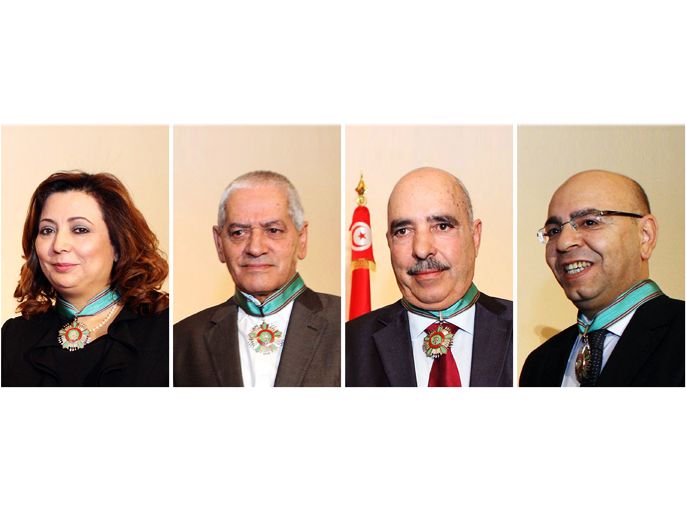 epa04970249 A four-way composite photo (all dated 15 January 2015) of the members of the Tunisian National Dialogue Quartet that 9th October 2015 was awarded the Nobel Peace Prize announced in Oslo. From left: Wided Bouchamaoui, President of the Tunisian Employers' Union, Houcine Abbassi, Secretary General of the Tunisian General Labour Union, Abdessattar Ben Moussa, President of the Tunisian Human Rights, and Mohamed Fadhel Mahmoud, President of the National Bar Association of Tunisa. All four images were provided by the Tunisian Presidency Press Service. EPA/HO HANDOUT EDITORIAL USE ONLY/NO SALES