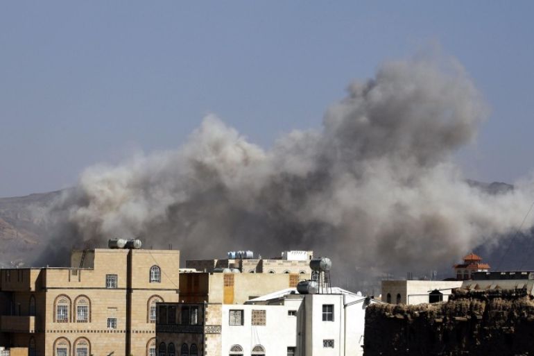 Dust rises above a neighborhood following airstrikes allegedly carried out by the Saudi-led coalition targeting a Houthi-held army academy in Sana'a, Yemen, 04 October 2015. According to reports, the United Nations Children's Fund (UNICEF) has underscored the devastating toll six months of violence and Saudi-led coalition airstrikes has taken on the children of Yemen, where at least 500 have lost their lives.