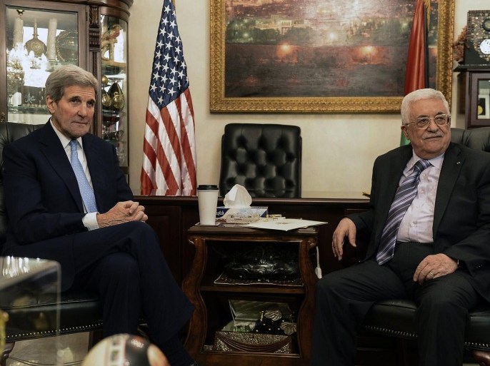 A photograph supplied by the Palestinian Authority on 24 October 2015, shows Palestinian President Mahmoud Abbas (R) meets with the US Secretary of State John Kerry (L) in Amman, Jordan. Kerry had met earlier in the week Israeli Prime Minister Benjamin Netanyahu for discussions on the Israeli Palestinian conflict. EPA/THAER GHANAIM / PALESTINIAN AUTHORITY / HANDOUT