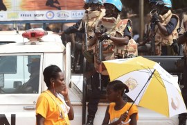 UN soldiers patrol a street of Bangui during Pope Francis' visit to the Central African Republic, 29 November 2015. Pope Francis is on a last leg of a six days visit that will take him to Kenya, Uganda and the Central African Republic from 25 to 30 November.