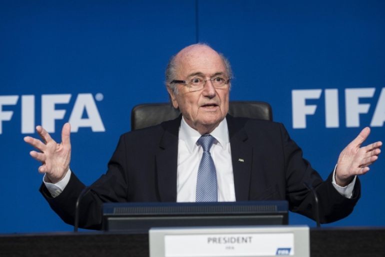 FILE - In this July 20, 2015 file photo FIFA president Sepp Blatter speaks during a news conference at the FIFA headquarters in Zurich. (Ennio Leanza/Keystone via AP, file)