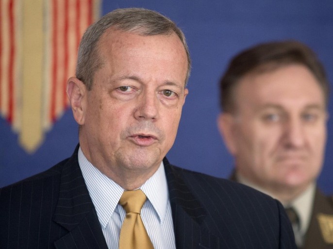 FILE - In this June 9, 2015 file photo, Retired Gen. John Allen, Special Presidential Envoy for the Global Coalition to Counter Islamic State of Iraq and the Levant, ISIL, left, speaks in Zagreb, Croatia. Allen, the president's special envoy for the global coalition to counter Islamic State militants said Wednesday that as the U.S. continues to build its military options in Syrian, European nations might consider combat operations to battle extremists. (AP Photo/Darko Bandic, File)