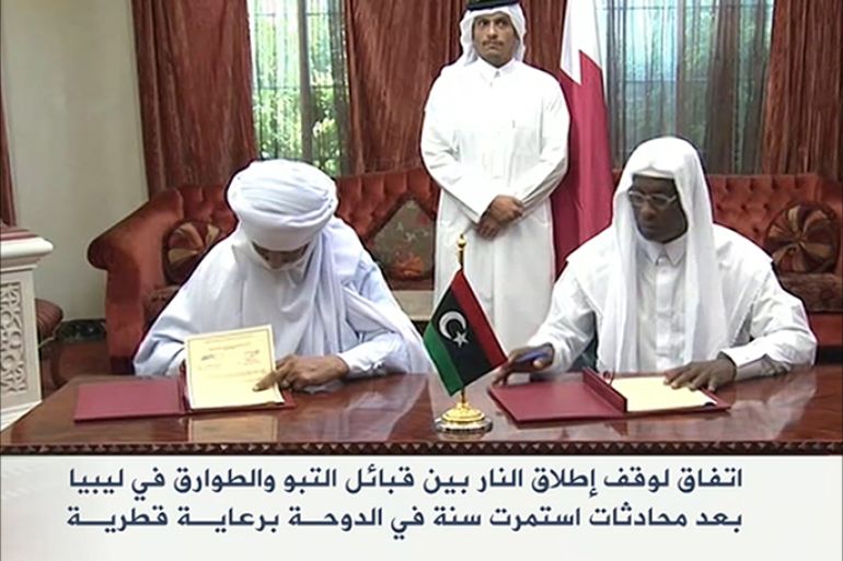 وُقــِّـع اليوم في الدوحة على اتفاق نهائي لوقف إطلاق النار بين قبائل التبو والطوارق في ليبيا.
