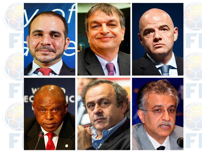 FILE) A composite file picture of (from top left) President of the Jordan Football Association, Prince Ali Bin Al Hussein, former FIFA deputy Secretary General Jerome Champagne, UEFA General Secretary Gianni Infantino, South African businessman Tokyo Sexwale, UEFA President Michel Platini and President of the Asian Football Confederation, Sheikh Salman bin Ebrahim Al Khalifa. Football world governing body FIFA on 12 November 2015 confirmed five candidates to run for its presidency on February 26, saying that Liberia's Musa Hassan Bility failed to pass an integrity check. UEFA president Platini has also submitted a bid and could become a sixth candidate after the end of his 90-day provisional ban, or if FIFA's appeal committee or CAS overturn the ban imposed by the ethics committee in connection with a 'disloyal payment' he received from the also suspended president Joseph Blatter