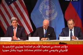 مؤتمر صحفي لمبعوث الأمم المتحدة ووزيري الخارجية الأمريكي والروسي عقب اختتام محادثات فيينا بشأن سوريا