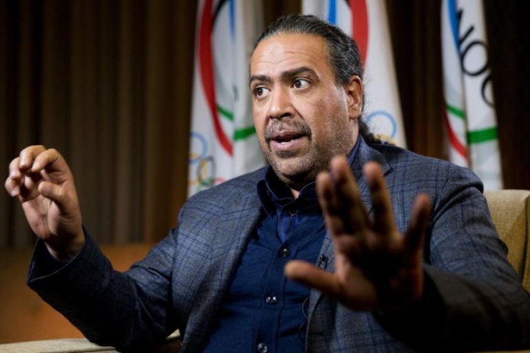 Sheikh Ahmad Al-Fahad Al-Sabah, of Kuwait, speaks during an interview with the Associated Press at the Washington Hilton, Monday, Oct. 26, 2015, in Washington. Sheikh Ahmad heads the Association of National Olympic Committees and is a senior member of the IOC. (AP Photo/Andrew Harnik)