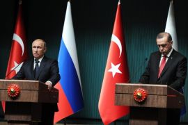 Russian President Vladimir Putin (L) and his Turkish counterpart Recep Tayyip Erdogan (R) deliver a news conference after their meeting in the new presidential palace outside Ankara, Turkey, 01 December 2014. Putin and Erdogan began a meeting in Ankara to discuss their often opposing views on the crisis in Syria, the Islamic State threat and gas supplies to Turkey. Russia agreed to send more gas to Turkey and charge 6 per cent less for the energy, starting in January. Putin is on a one-day official visit to Turkey. EPA/MIKHAIL KLIMENTYEV / RIA NOVOSTI / KREMLIN POOL MANDATORY CREDIT