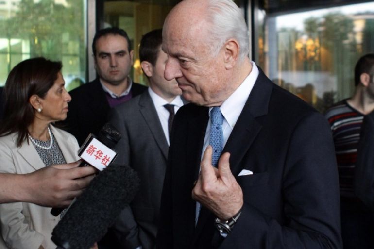 UN Syria envoy Staffan de Mistura speaks to reporter before leaving his residence in Damascus, Syria, 02 November 2015. Syria on 01 November downplayed international talks held days ago in Vienna with the aim of ending the country's four-year war, saying they failed to stop support for "terrorists" - a reference to opposition forces.