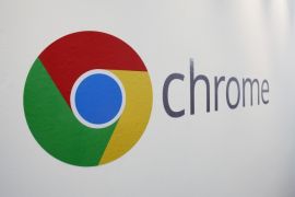 The Chrome logo is displayed at a Google event, Tuesday, Oct. 8, 2013 in New York. Google is introducing a $279 laptop that runs its Internet-centric Chrome operating system, borrowing many of the high-end features found in models that cost $1,000 or more. (AP Photo/Mark Lennihan)