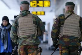 Belgian soldiers patrol at Zaventem international airport near Brussels, November 21, 2015, after security was tightened in Belgium following the fatal attacks in Paris. REUTERS/Francois Lenoir