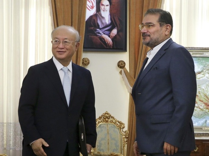 Secretary of Iran's Supreme National Security Council Ali Shamkhani, right, welcomes Director General of the International Atomic Energy Agency (IAEA) Yukiya Amano, at the start of their meeting in Tehran, Iran, Thursday, July 2, 2015. Iran has met a key commitment under a preliminary nuclear deal setting up the current talks on a final agreement, leaving it with several tons less of the material it could use to make weapons, according to a U.N. report issued Wednesday. A portrait of the late Iranian revolutionary founder Ayatollah Khomeini hangs on the wall at rear. (AP Photo/Vahid Salemi)