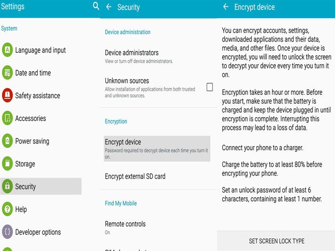 settings --- security -- encrypt device content -- Android device (رماح)