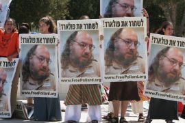 (FILE) A file photograph shows a protest in Jerusalem on 19 June 2005 calling for Jonathan Pollard to be freed from American jail. Jonathan Pollard, the former US Navy intelligence analyst, was convicted of spying for Israel and will be released in November 2015 after serving 30 years in jail, a US parole board decided onJuly 28, 2015.