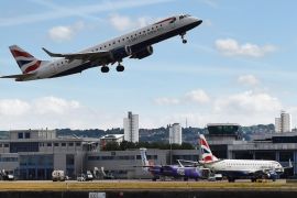 A British Airways plane takes off from the London City Airport in Newham, east London, England, 06 August. 2015. According to news reports the London City Airport is to be put up for sale by it's US owners, Global Infrastructure Partners.