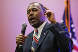 Republican presidential candidate, Dr. Ben Carson speaks at a rally, Monday, Nov. 23, 2015, in Pahrump, Nev. Carson attended a briefing on Yucca Mountain and federal lands at the Nye County commissioner's office in Pahrump before holding the rally. (AP Photo/John Locher)