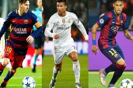 epa05049644 (FILE) A composite file picture of FC Barcelona's Lionel Messi (L, taken on 24 November 2015 in Barcelona, Spain), Real Madrid's Cristiano Ronaldo (C, taken on 21 October 2015 in Paris, France), and FC Barcelona's Neymar (R, taken on 06 June 2015 in Berlin, Germany). Lionel Messi, Cristiano Ronaldo, and Neymar were nominated on the short-list as contenders for the World Player of the Year 2015 award by ruling body FIFA on 30 November 2015. The 2015 World Player of the Year and other awards will be announced at the Ballon d'Or gala in Zurich, Switzerland on 11 January 2016. EPA