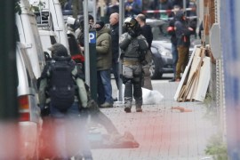 Riot Police in action at rue Delaunoy in the streets of Molenbeek, Brussels, Belgium, 16 November 2015. At least 132 people were killed and hundreds injured in the terror attacks which targeted the Bataclan concert hall, the Stade de France national sports stadium, and several restaurants and bars in the French capital on 13 November. Authorities believe that three coordinated teams of terrorists armed with rifles and explosive vests carried out the attacks, which the Islamic State (IS) extremist group has claimed responsibility for.
