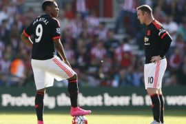 Football - Southampton v Manchester United - Barclays Premier League - St Mary's Stadium - 20/9/15 Manchester United's Anthony Martial and Wayne Rooney look dejected after Southampton's first goal Reuters / Stefan Wermuth Livepic EDITORIAL USE ONLY. No use with unauthorized audio, video, data, fixture lists, club/league logos or "live" services. Online in-match use limited to 45 images, no video emulation. No use in betting, games or single club/league/player publications. Please contact your account representative for further details.