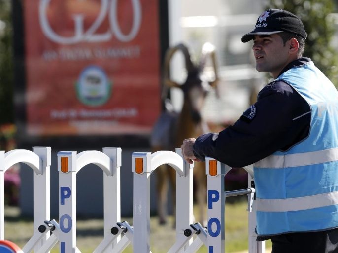 Turkish policemen secure the area at the security check point prior to the G20 Summit in Antalya, Turkey 13 November 2015. The summit will be held i Antalya on 15-16 November. In additional to discussions on the global economy, the G20 grouping of leading nations is set to focus on Syria during its summit this weekend, including the refugee crisis and the threat of terrorism.