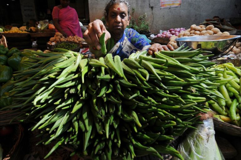epa02055813 An Indian vegetable vendor puts a finishing touch to her impressive display of okra while she waits for customer at a vegetable market in southern Indian city of Bangalore on 26 February 2010