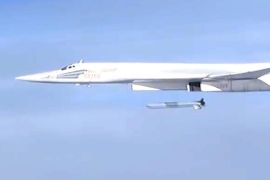 A handout frame grab from video footage released by the Russian Defence Ministry on 19 November 2015 shows a Russian Tu-160 long-range strategic bomber launching a missile against tagets in Syria, 19 November 2015. Russian aviation has significantly increased the intensity of strikes against what Russia says were Islamic State targets in Syria. EPA/RUSSIAN DEFENCE MINISTRY PRESS SERVICE/HANDOUT