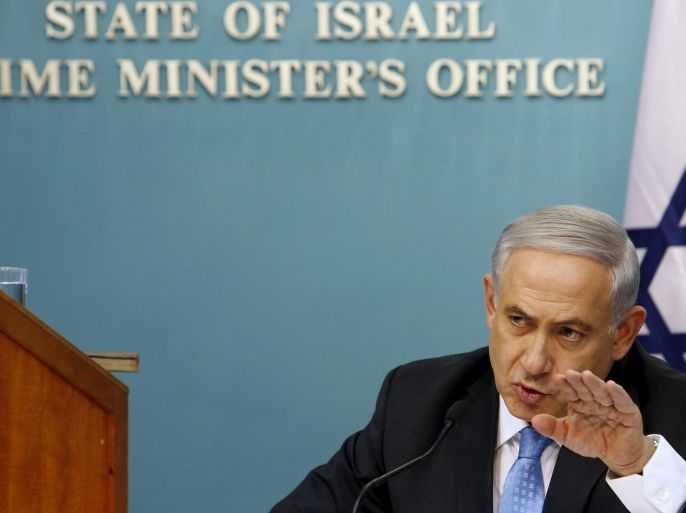Israel's Prime Minister Benjamin Netanyahu speaks during a news conference at his office in Jerusalem in this file picture taken August 27, 2014. Critics say Netanyahu, known as "Bibi", is hitting the wrong note when it comes to the media, weakening press freedom and holding sway over TV broadcasters in a country that bills itself as the Middle East's only true democracy. Picture taken August 27, 2014. To match Insight ISRAEL-NETANYAHU/MEDIA REUTERS/Nir Elias/Files