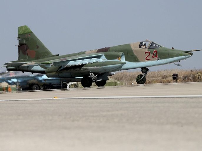 A Sukhoi Su-25 fighter jet taxis on the tarmac at the Hmeymim air base near Latakia, Syria, in this handout photograph released by Russia's Defence Ministry October 22, 2015. REUTERS/Ministry of Defence of the Russian Federation/Handout via Reuters ATTENTION EDITORS - THIS PICTURE WAS PROVIDED BY A THIRD PARTY. REUTERS IS UNABLE TO INDEPENDENTLY VERIFY THE AUTHENTICITY, CONTENT, LOCATION OR DATE OF THIS IMAGE. EDITORIAL USE ONLY. NOT FOR SALE FOR MARKETING OR ADVERTISING CAMPAIGNS. NO RESALES. NO ARCHIVE. THIS PICTURE IS DISTRIBUTED EXACTLY AS RECEIVED BY REUTERS, AS A SERVICE TO CLIENTS