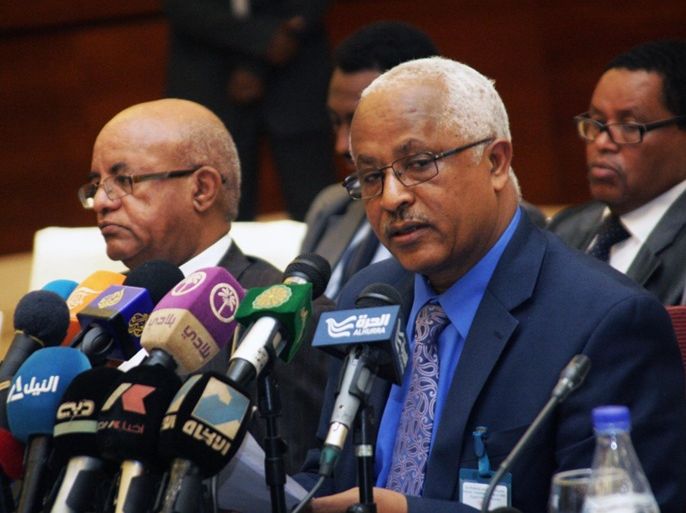 Ethiopian Minister of Water, Irrigation and Energy, Alemayehu Tegenu (C), attends a meeting of Irrigation Minister from Sudan, Egypt and Ethiopia in Khartoum, Sudan, 22 July 2015. According to reports the Ministers met to discuss the impact of Ethiopia's Renaissance Dam project, set to be the largest hydroelectric power plant in Africa. Previous talks in July ended without accord, though following the commission of two consultancy firms to assess the impact on Sudan and Egypt of the dam in April it is hoped the tripartite committee will be able to reach an agreement.