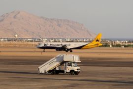 A Monarch British charter airplane is seen as it lands at the airport of the Red Sea resort of Sharm el-Sheikh, November 6, 2015. President Vladimir Putin ordered the suspension of all Russian passenger flights to Egypt on Friday until the cause of a deadly plane crash at the weekend was established. REUTERS/Asmaa Waguih