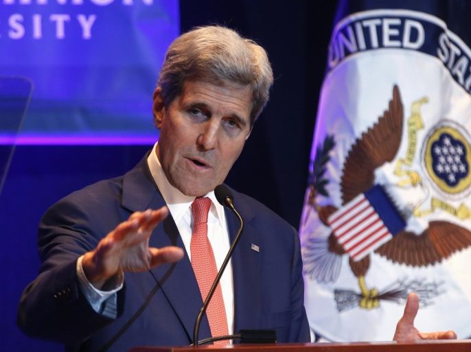 Secretary of State John Kerry gestures as he speaks on the impact of climate change, Tuesday, Nov. 10, 2015, at Old Dominion University in Norfolk, Va. (AP Photo/Steve Helber)
