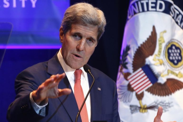 Secretary of State John Kerry gestures as he speaks on the impact of climate change, Tuesday, Nov. 10, 2015, at Old Dominion University in Norfolk, Va. (AP Photo/Steve Helber)