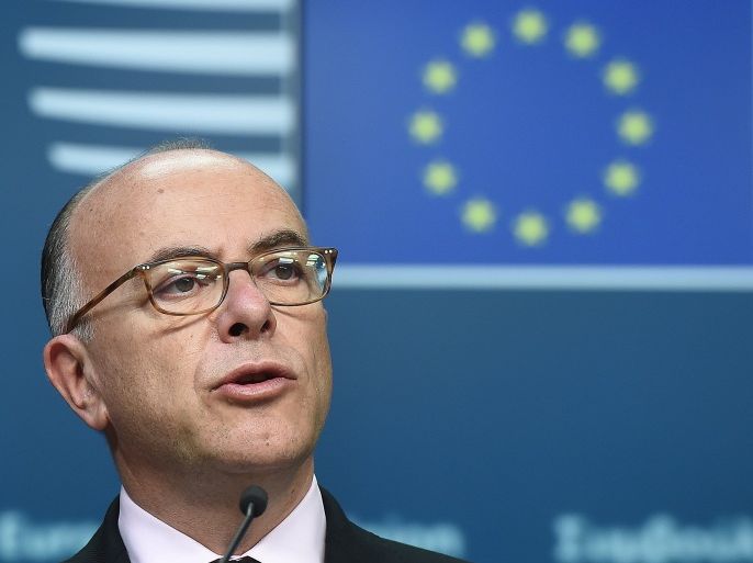 ED6565 - Brussels, -, BELGIUM : French Interior Minister Bernard Cazeneuve addresses a press conference at the end of an extraordinary Justice and Home Affairs Council following the attacks in Paris, at the European Council in Brussels, on November 20, 2015. AFP PHOTO / EMMANUEL DUNAND