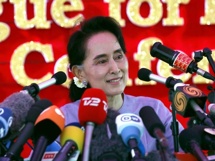 Myanmar's National League for Democracy Party's leader Aung San Suu Kyi speaks to the media during a press conference for the upcoming general elections at her residence in Yangon, Myanmar, 05 November 2015. Myanmar will hold the election on 08 November 2015 which will be the first genuinely contested poll for 25 years.