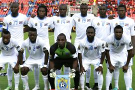 Democratic Republic of Congo's national team poses before their African Cup of Nations quarter final soccer match against Congo in Bata, Equatorial Guinea, Saturday, Jan. 31, 2015. (AP Photo/Themba Hadebe)
