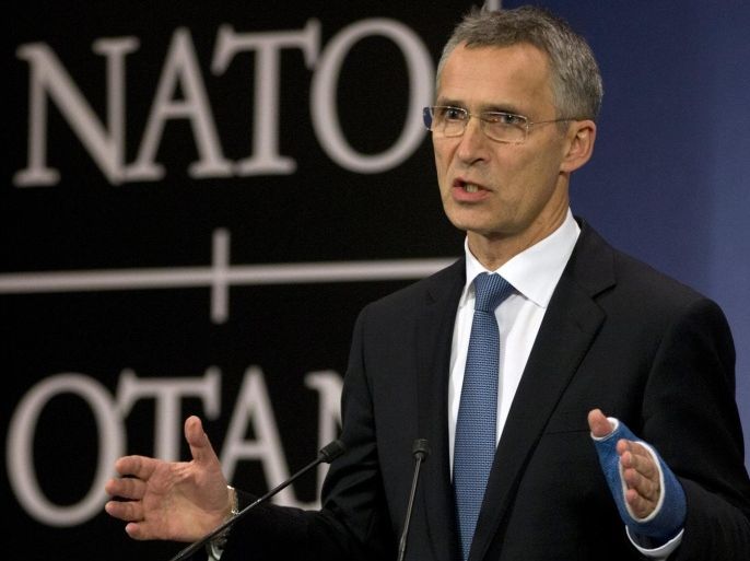 NATO Secretary General Jens Stoltenberg speaks during a media conference at NATO headquarters in Brussels on Tuesday, Dec. 1, 2015. U.S. Secretary of State John Kerry and other NATO foreign ministers met Tuesday to discuss Russia, beefing up the alliance's southern defenses and whether to expand NATO by adding Montenegro to the NATO Alliance. (AP Photo/Virginia Mayo)