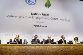 French Foreign Affairs Minister Laurent Fabius (3R), President-designate of COP21, , French President Francois Hollande (2L) and United Nations Secretary-General Ban Ki-moon (2R) at the World Climate Change Conference 2015 (COP21) in Le Bourget, north of Paris, France, 12 December 2015. The 21st Conference of the Parties (COP21) was held in Paris from 30 November to 12 December.