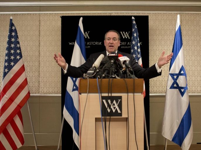 US Republican presidential candidate and former Arkansas governor, Mike Huckabee speaks during a press conference in Jerusalem, Israel, 19 August 2015. Huckabee on 18 August visited a Jewish settlement in the West Bank where he held an unusual fund-raising campaign dinner.