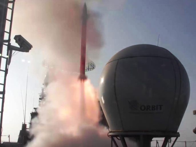 An undated handout photograph released by the Indian Ministry of Defence on 30 December 2015, shows a Barak-8 Long-Range Surface-to-Air missile (LR-SAM), taking off from INS Kolkota, Indian Navy's indigenous stealth destroyer in Arabian Sea. According to a press release, 2 missiles were fired on 29 and 30 of December on high speed targets, during naval exercises being undertaken in the Arabian Sea. This is also a significant step towards Indian Navyâs transformation into a force capable of projecting power in its area of interest. Barak-8 has been jointly developed by India and Israel.