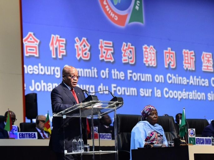 A handout picture provided by the South African Government Communication and Information System (GCIS) shows South African President, Jacob Zuma addressing delegates at the opening of the Forum on China-Africa Co-operation (Focac) Summit being held in Sandton, Johannesburg, South Africa, 04 December 2015. China has announced 60 billion dollars of assistance and loans for Africa to help with the development of the continent. The summit lasts 2 days and ends on 05 December. EPA/ELMOND JIYANE/GCIS/HANDOUT