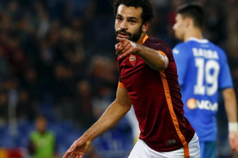 AS Roma's Mohamed Salah celebrates after scoring against Empoli during their Italian Serie A soccer match at the Olympic stadium in Rome, Italy, October 17, 2015. REUTERS/Tony Gentile