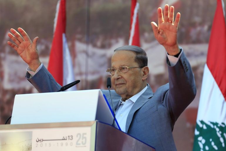 Christian leader Michel Aoun greets his supporters as he arrives to deliver a speech during a rally near the presidential palace in the Beirut suburb of Baabda, Lebanon, Sunday, Oct. 11, 2015. Aoun, who is bidding for the presidency, is pressing the country’s political elite to pass a parliamentary electoral law and elect a president. The large rally Sunday comes amid a persistent political stalemate in Lebanon, which has had no president for over a year and a parliament torn by political rivalry. (AP Photo/Hassan Ammar)