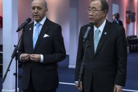 UN Secretary-General Ban Ki-moon (R) and French Foreign Affairs Minister Laurent Fabius (L) hold a joint press conference during the COP21 World Climate Change Conference 2015 in Le Bourget, north of Paris, France, 11 December 2015. The 21st Conference of the Parties (COP21) is held in Paris from 30 November to 11 December aimed at reaching an international agreement to limit greenhouse gas emissions and curtail climate change.