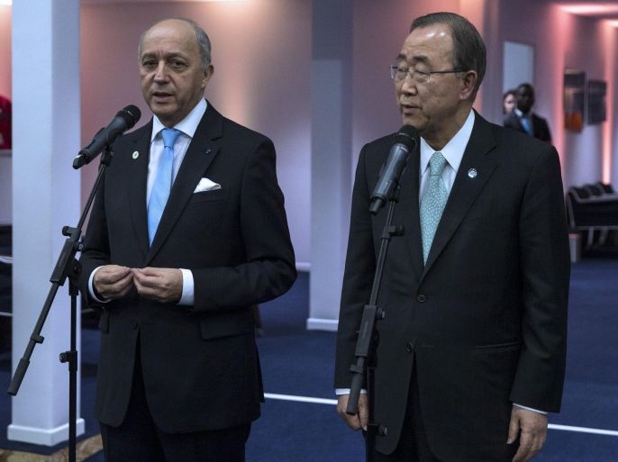 UN Secretary-General Ban Ki-moon (R) and French Foreign Affairs Minister Laurent Fabius (L) hold a joint press conference during the COP21 World Climate Change Conference 2015 in Le Bourget, north of Paris, France, 11 December 2015. The 21st Conference of the Parties (COP21) is held in Paris from 30 November to 11 December aimed at reaching an international agreement to limit greenhouse gas emissions and curtail climate change.
