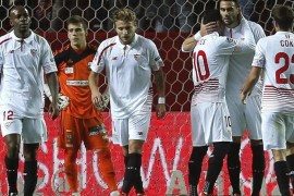 Sevilla FC's Italian striker Ciro Immobile (2L) jubilates his goal against UD Logrones during the second leg match of the King's Cup round of 32th played at Sanchez Pizjuan stadium in Seville, Andalusia, Spain on 15 December 2015.