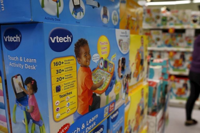 VTech's products are seen on display at a toy store in Hong Kong, China November 30, 2015. Shares of electronic toy maker VTech Holdings Ltd were suspended from trade on Monday after customer data was stolen in a cyber attack, sparking concern over the loss of information relating to children. REUTERS/Tyrone Siu