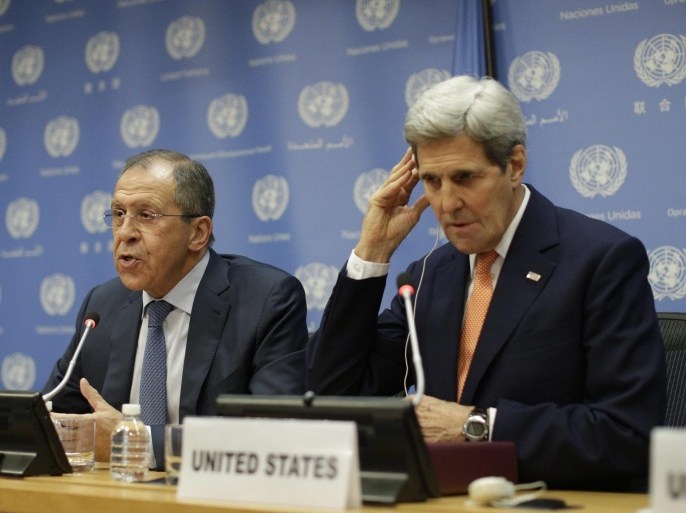 US Secretary of State John Kerry (R) and Russian Foreign Minister Sergei Lavrov (L) speak at a press conference following the unanimously adoption of a resolution calling for a cease-fire and political talks to help end the civil war in Syria at the United Nations Security Council meeting at the UN headquarters in New York, New York, USA, on 18 December 2015. Major world powers are convening today at the United Nations in the hopes of establishing a road map for peace in the region. EPA/ANDREW GOMBERT