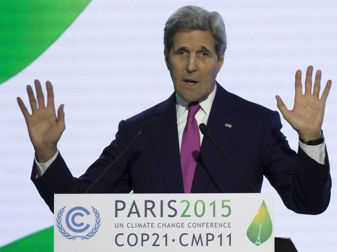US Secretary of State John Kerry gestures while giving a statement during a news conference at 'the COP21 Climate Conference in Le Bourget, north of Paris, France, 09 December 2015. The 21st Conference of the Parties (COP21) is held in Paris from 30 November to 11 December aimed at reaching an international agreement to limit greenhouse gas emissions and curtail climate change.