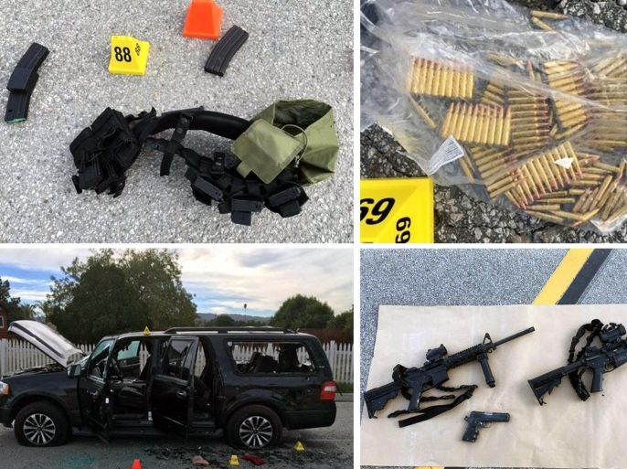 An undated combo handout picture made available by the San Bernardino County Sheriff on 03 December 2015 shows weapons and ammunition carried by suspects involved in a mass shooting, at the scene of a shooting with an officer, in San Bernardino, California, USA. Investigators were searching on 03 December for a motive in a California massacre that left 14 people dead and 21 others wounded as US President Barack Obama said the mass shooting could be tied to terrorism. Obama said it will take time to uncover the extent of the shooters' plans and their motivations. The suspects, who died in a shootout with police hours after the massacre on 02 December 2015 at a conference centre, were husband and wife, Syed Rizwan Farook, 28, and Tashfeen Malik, 27, the San Bernardino County Sheriff's Office said. The shooting spree targeted a holiday party inside the building. EPA/SAN BERNARDINO COUNTY SHERIFF -- BEST QUALITY AVAILABLE -- HANDOUT EDITORIAL USE ONLY/NO SALES