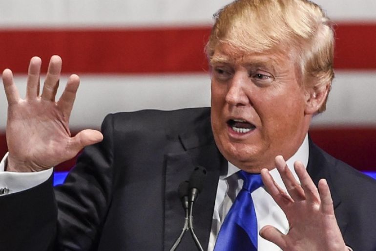 Businessman and Republican presidential candidate Donald Trump gestures as he speaks a special event to benefit veterans organizations at Drake University instead of participating in a Fox News debate in Des Moines, Iowa, USA, 28 January 2016. Trump pulled out of the debate over a dispute of who the moderators would be.